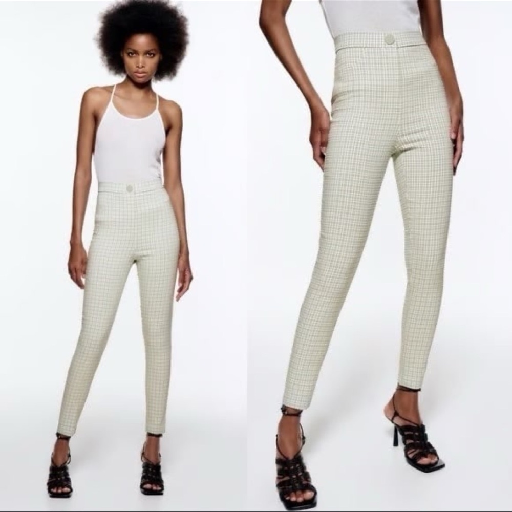 Zara Medium‎ Green and White Hi Rise Check Leggings Pants